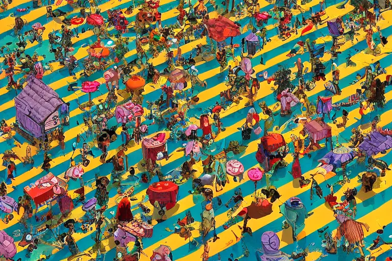 Prompt: where's waldo?, summer morning, very coherent and colorful high contrast, art by gediminas pranckevicius, geof darrow, dark shadows, hard lighting