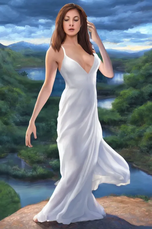 Image similar to a beautiful woman looking to the right side wearing a white dress, river in the background, serene scene, soft lighting, complementary colors, anatomically correct, five fingers, matte painting, centered, symmetrical, low contrast, heaven, path traced, highly detailed, high quality, 4 k, hyperrealistic, soft colors, beautiful landscape, realistic and defined face