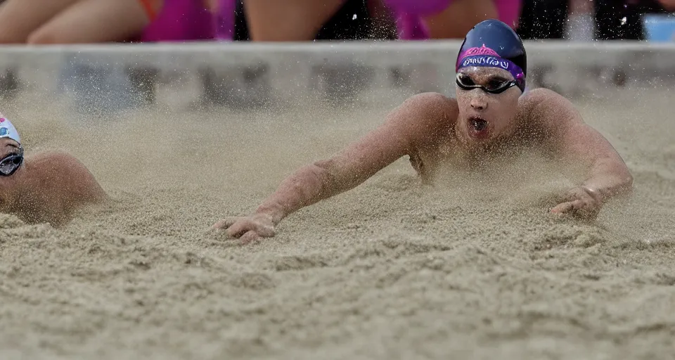 Image similar to olympic swimming in sand instead of water, extremely coherent, motion blur