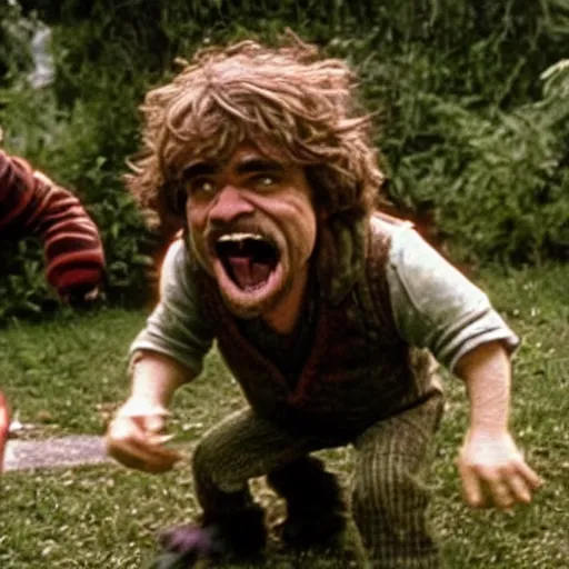 Prompt: “a still of Peter Dinklage running away from the troll in Ernest Scared Stupid”