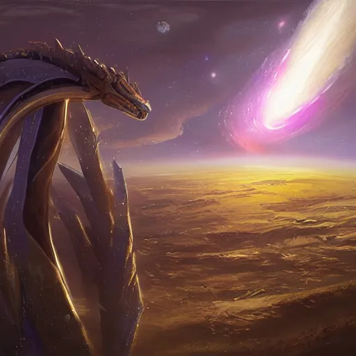 Prompt: 4 k digital artwork of aurelion sol in the cosmos staring at the camera by greg rutkowski