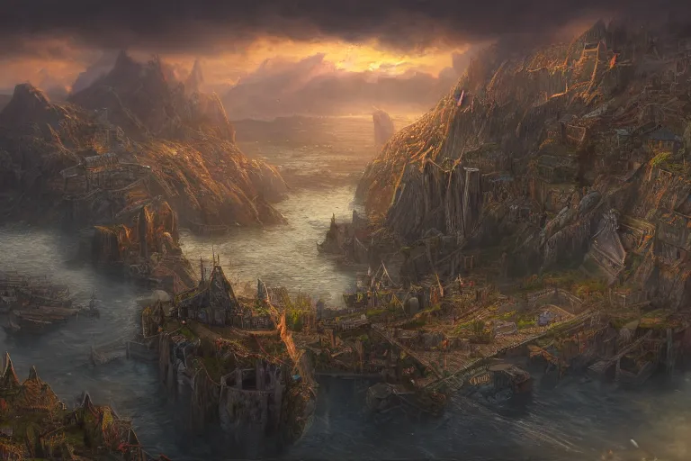 Image similar to high aerial shot, fantasy landscape, sunset lighting ominous shadows, cinematic fantasy painting, dungeons and dragons, a charming port city, harbor, bay by jessica rossier and brian froud and hr giger