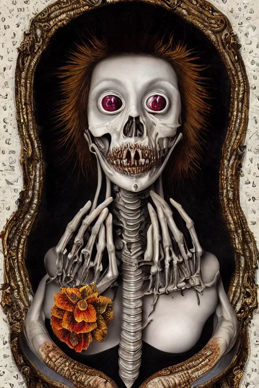 Image similar to Detailed maximalist portrait with large lips and eyes, scared, botanical skeletal with extra flesh, HD mixed media, 3D collage, highly detailed and intricate, surreal illustration in the style of Caravaggio, dark art, baroque