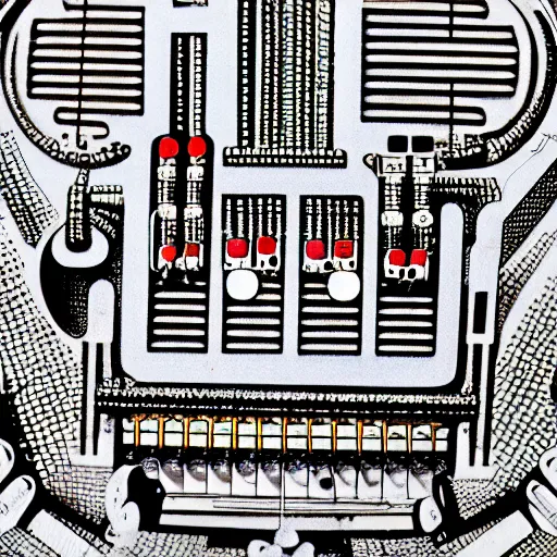 Image similar to Synthesiser designed by Paul laffoley, high detail photo