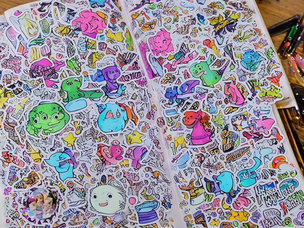 Image similar to a school notebook covered in doodles, stickers, glitter, and holographic stickers