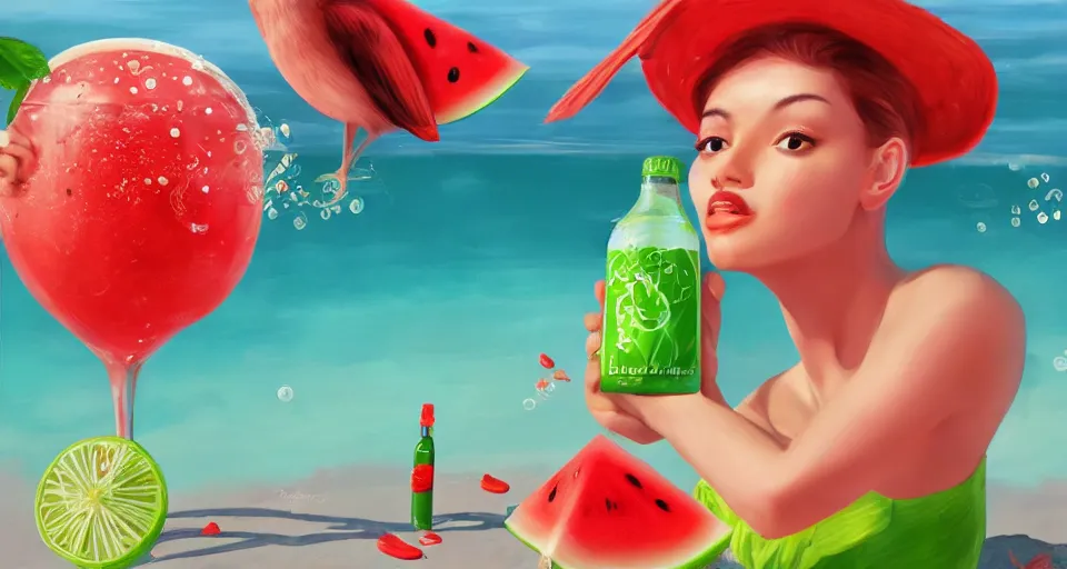 Prompt: A beautiful artwork illustration, detailed, bubbly, watermelon, sodapop, beach, jolly ranchers, birds, diamonds, girls, subsurface scattering, cartoon-y, featured on Artstation, wide angle, horizontal orientation, very coherent, cinematic, high detail, octane render, 8k