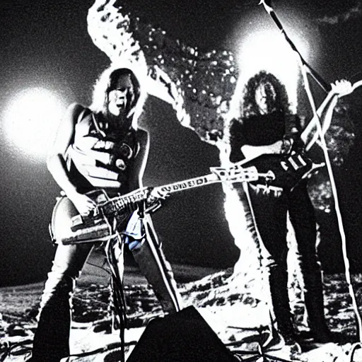 Prompt: Metallica performing on the moon, 1969