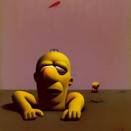 Prompt: the existential horror crisis of Homer Simpson, 3D, by Zdzisław Beksinski