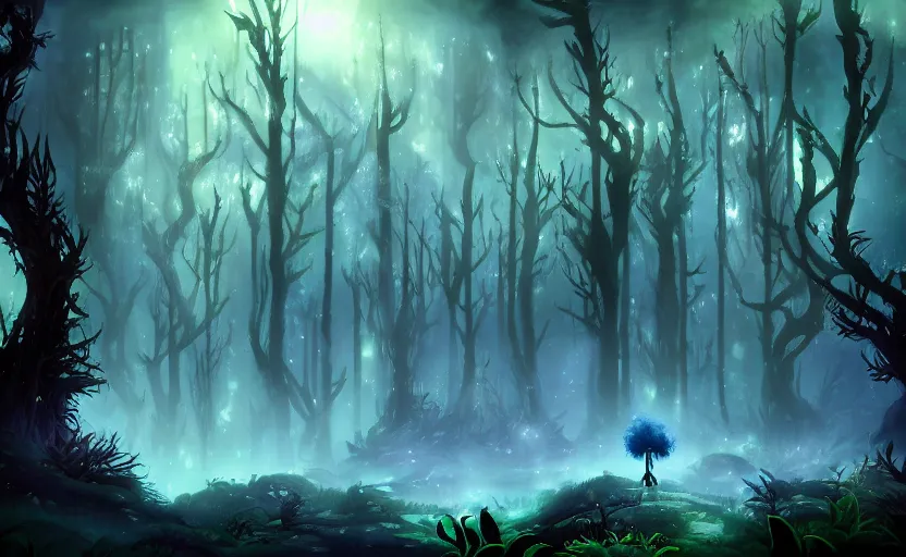 Image similar to dark ominous mysterious ambient magical forest landscape painting, fantasy, dreamlike, foggy, romantic, in the style of Ori and the Blind Forest