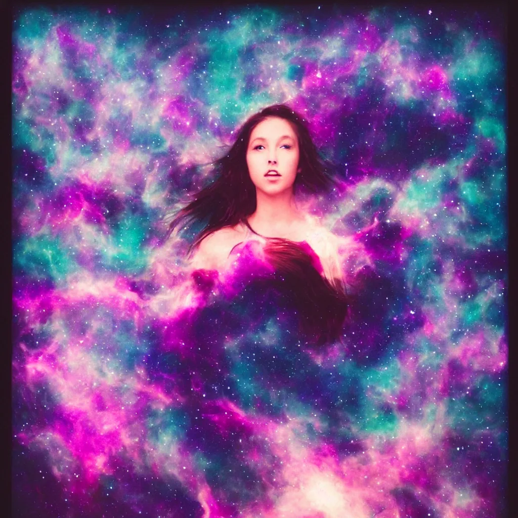 Prompt: girl cover in cosmic shadows with giant wings of glowing nebulas, realistic photograph, polaroid pic by horror