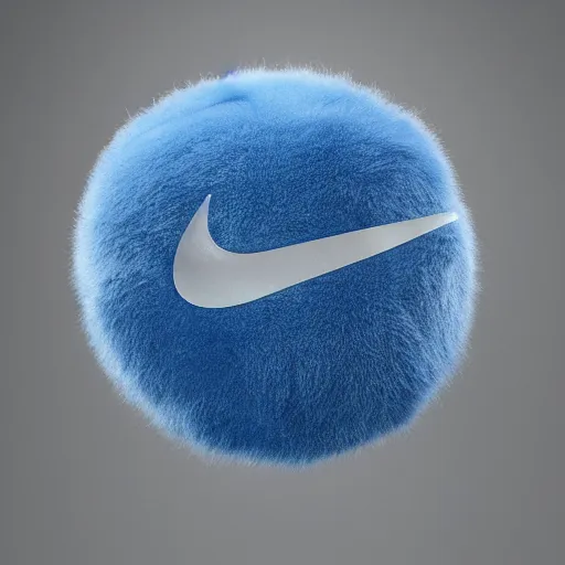 Image similar to nike logo made of very fluffy blue faux fur placed on reflective surface, professional advertising, overhead lighting, heavy detail, realistic by nate vanhook, mark miner
