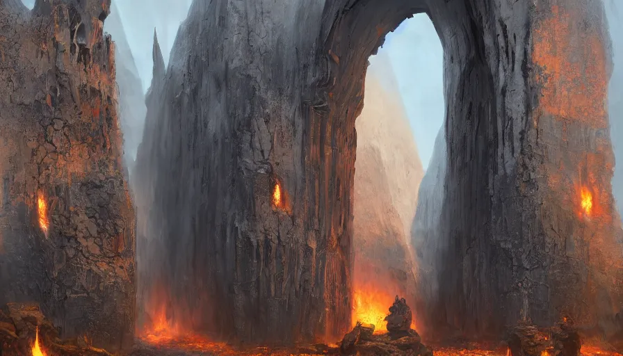 Prompt: 50 feet tall obsidian stone gates that serve as the entrance to hell with flames coming from the inside, rule of thirds, highly detailed, artstation, concept art, matte painting, 4k, octane render, art by ted nasmith and greg rutkowski