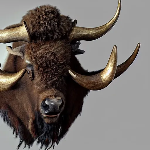 Prompt: hunting trophy in the form of a bison, head dressed in oculus vr, nailed to the wall,