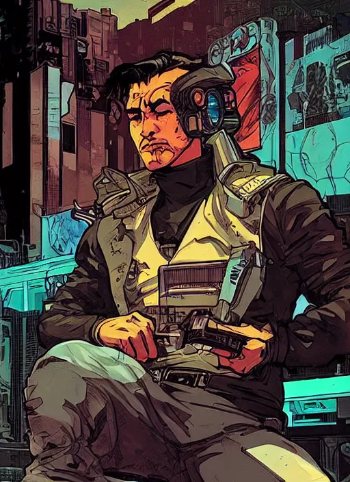 Image similar to hector. cyberpunk mercenary with scenic background. portrait illustration, pop art, art by ashley wood, alphonse mucha, laurie greasley and josan gonzalez. cinematic. beautiful lighting.