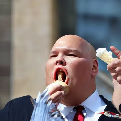 Image similar to an award winning photo of extremely fat joe Biden eating an ice cream cone, he’s wearing a diaper