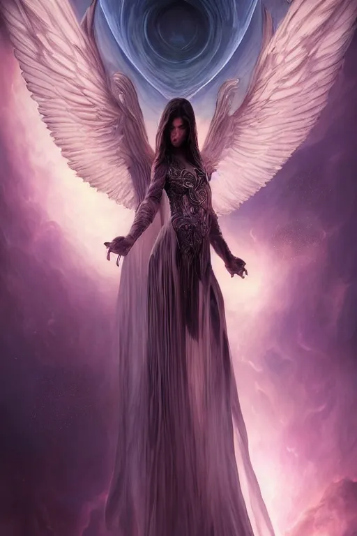 Image similar to beautiful female angel fused with poltergeist demon, legendary epic pose, few elegant silk robes with ornate pattern, portrait, intricate details, vicious appearance, by vincent di fate, artgerm, julie bell, beeple and Greg Rutkowski, 90s, concept, Smooth gradients, octane render, 8k, High contrast, duo tone, depth of field, very coherent symmetrical artwork