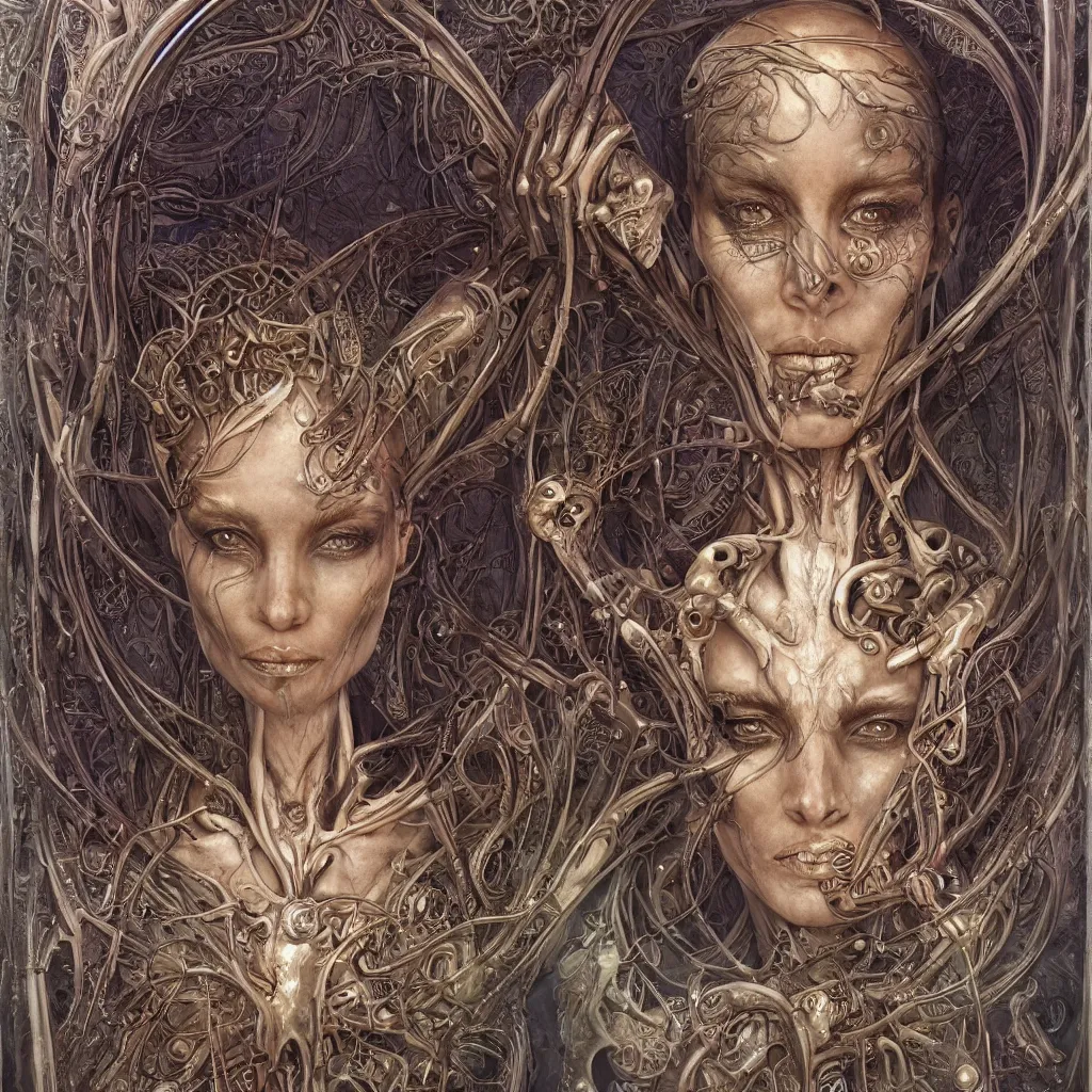 Image similar to beautiful and exotic alien queen body portrait, glowering judging eyes, art nouveau declotage, perfect symmetrical facial features, hyperrrealistic bone structure, extremely hyperdetailed, mixed media painting, unreal engine, 8 k, octane, 8 mm, by travis charest, rodney matthews, olivia de bernardinis