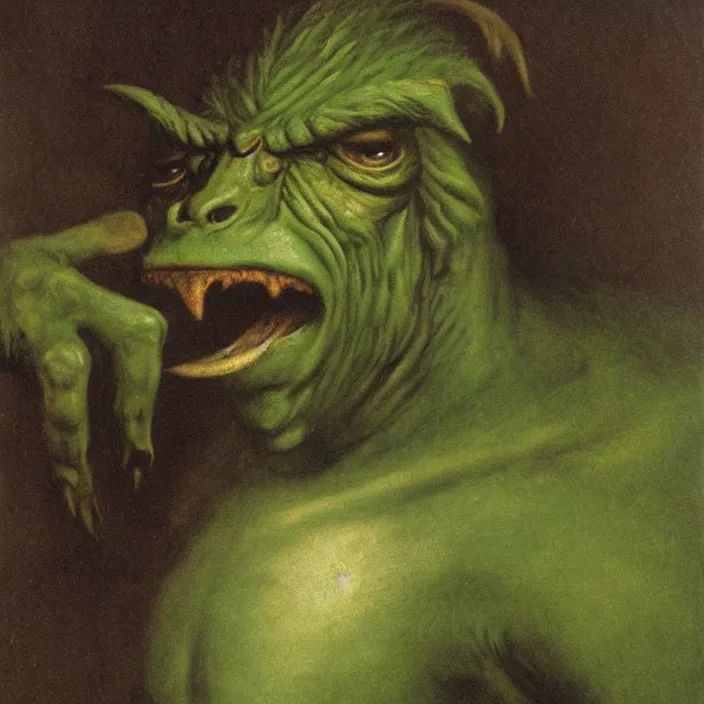 Image similar to a green-horned goblin monster, by Odd Nerdrum