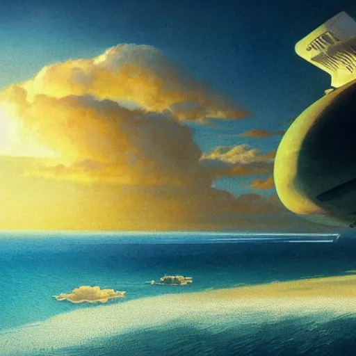 Image similar to beautiful matte painting of golden shores of a blue dreamy ocean, heavenly island in the clouds floating above the ocean, spaceship flying by, sci - fi, daylight, blue sky, cinematic lighting, cinematic perspective, syd mead, john harris, federico pelat