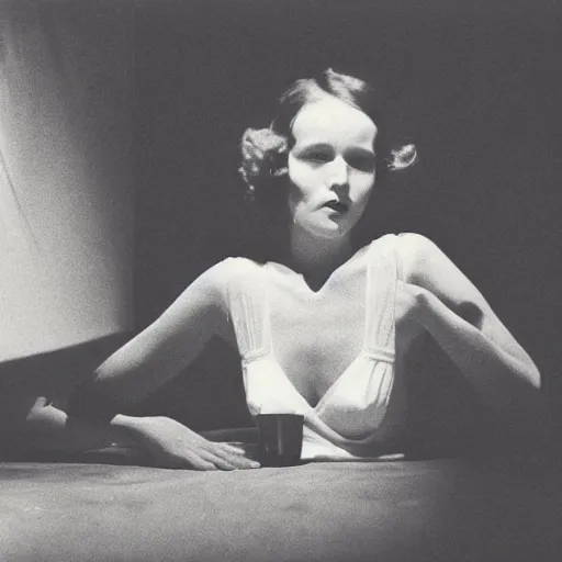 Image similar to color photo on vintage film stock of 1930s model in a dark but well-appointed room, crawling towards the camera to lick up milk from a bowl on the floor of an art deco mansion. Her hands stay on the floor. There are red curtains in the distance and soft pools of light illuminating her and the surroundings.