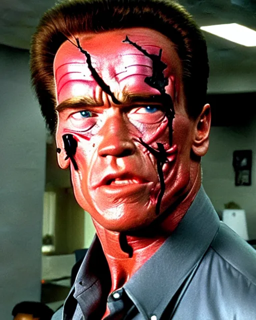 Image similar to arnold schwarzenegger as a damaged terminator, red eye, photo