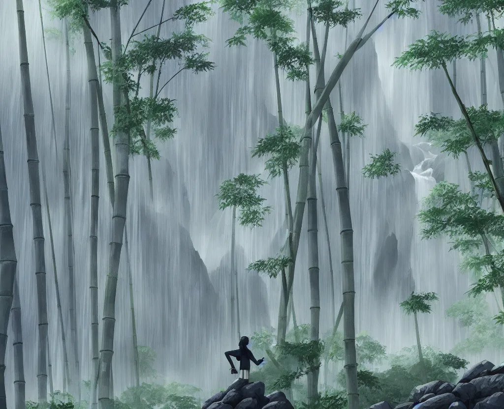 Image similar to a solitary figure in a misty japanese bamboo forest, cell shaded, huge waterfall, large rocky mountain, drawing, stylized anime, sun rays, soft, by hayao miyazaki, ghibli studio, makoto shinkai, toei animation, studio trigger, trending on artstation, 4 k, hd