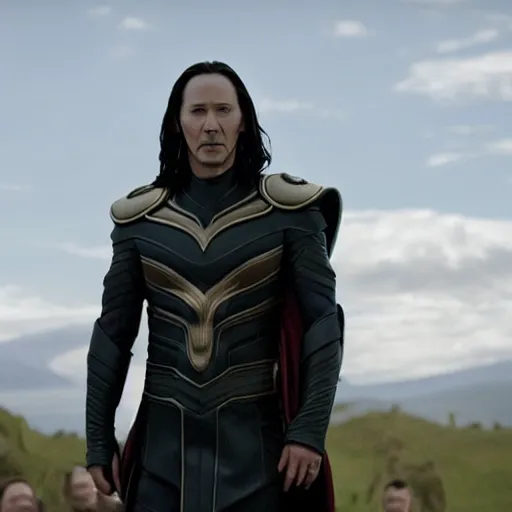 Image similar to film still of Keanu Reeves as Loki wearing the horned helmet in Avengers Endgame