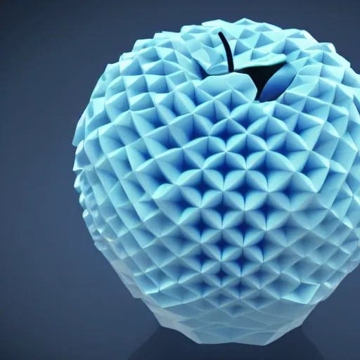 Prompt: a 3D apple made of polygons, virtual apple, polygonal apple, floating in a dark blue void of particles, 4k detailed, 8k