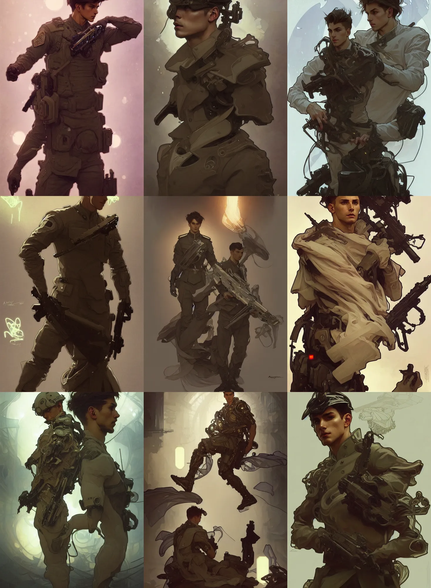 Image similar to a digital concept ar by artgerm and greg rutkowski and alphonse mucha. clear portrait of a lonely attractive men in uniform!! future military, hyper detailed, character concept, full body!! dynamic pose, glowing lights!! intricate, elegant, highly detailed, digital painting, artstation, concept art, smooth, sharp focus, illustration