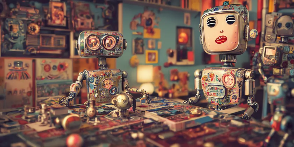 Image similar to closeup portrait of tin toy retro living room of cyberpunk robot family, depth of field, zeiss lens, detailed, centered, fashion photoshoot, by nicoletta ceccoli, mark ryden, lostfish, breathtaking, 8 k resolution, extremely detailed, beautiful, establishing shot, artistic, hyperrealistic, octane render, - h 8 0 4