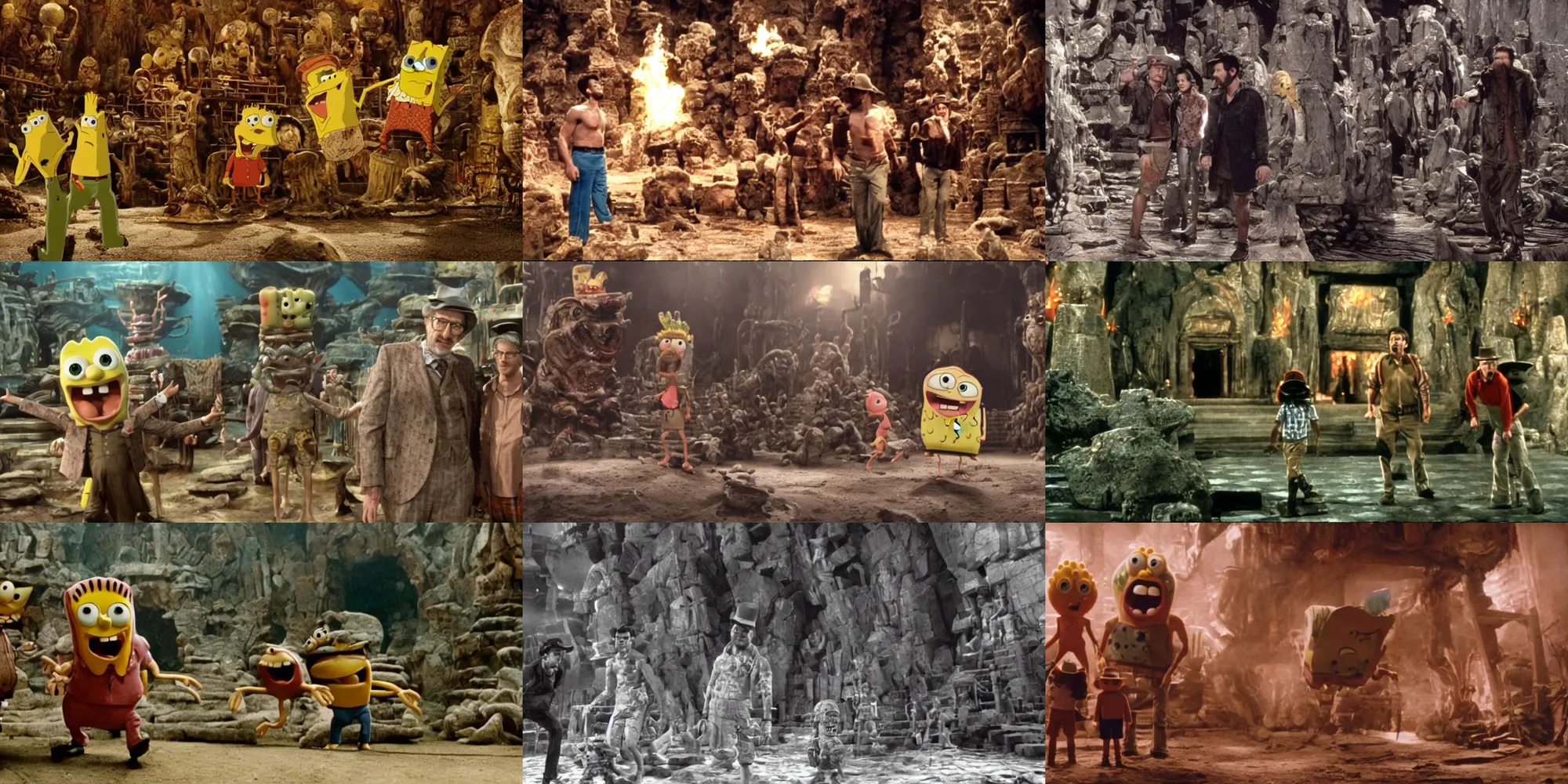 Prompt: movie still from Stephen Spielberg, SpongeBob sqaure pants and Patrick visit the temple of doom, amazing cinematography