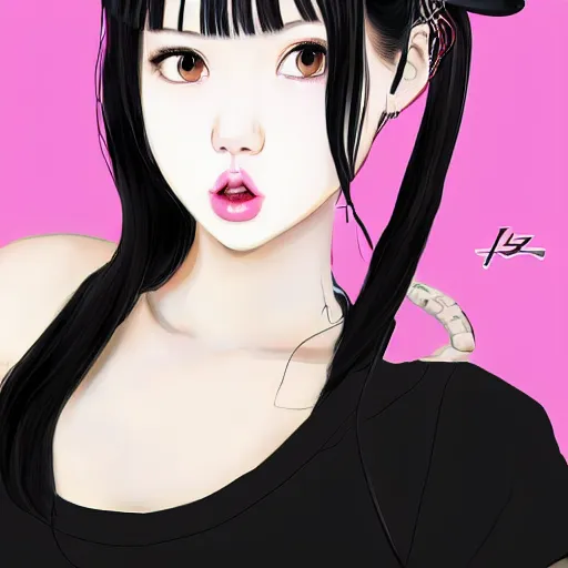 Image similar to realistic beautiful gorgeous natural cute Blackpink Lalisa Manoban black hair cute fur black cat ears, wearing white camisole, headphones, black leather choker artwork drawn full HD 4K highest quality in artstyle by professional artists WLOP, Taejune Kim, Guweiz on Artstation Pixiv