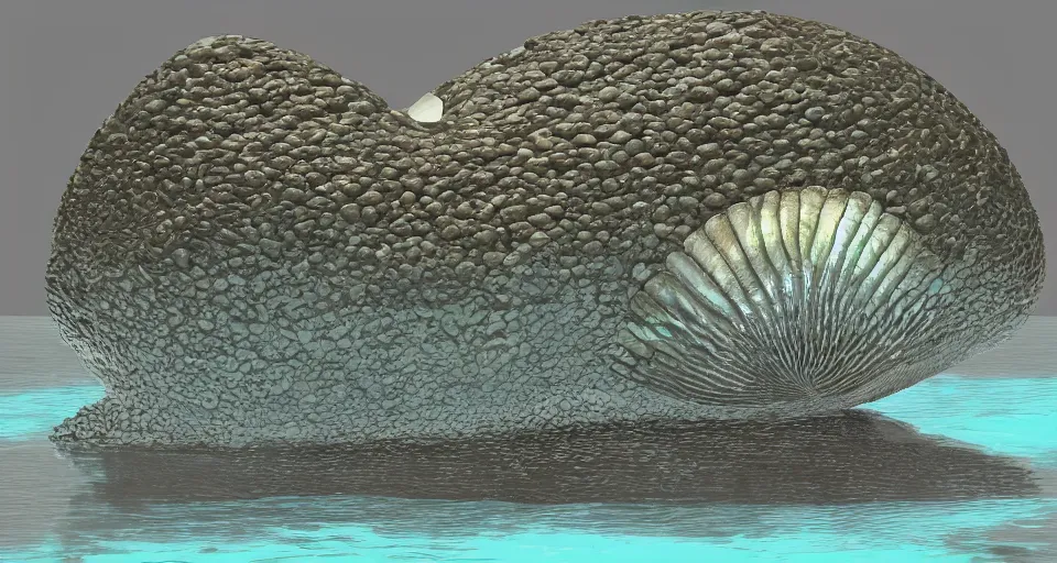 Image similar to giant abalone - shaped seashell house in the ocean, cell shaded, concept art, 3 d