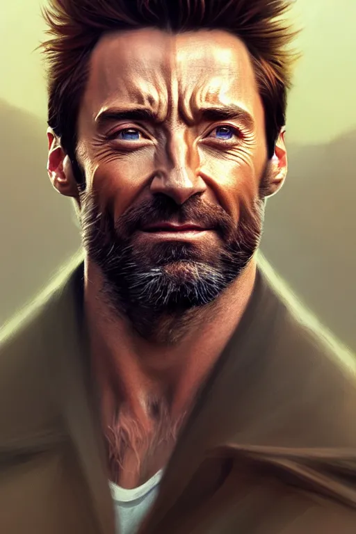 Prompt: ultra detailed close up facial portrait of hugh jackman, extremely detailed digital painting, in the style of fenghua zhong and ruan jia and jeremy lipking and peter mohrbacher, mystical colors, rim light, beautiful lighting, 8 k, stunning scene, raytracing, octane, trending on artstation