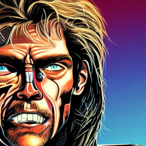 Prompt: close up portrait artwork of man with mullet, half face cyborg. From The Terminator 1984. Artwork by Dan Mumford