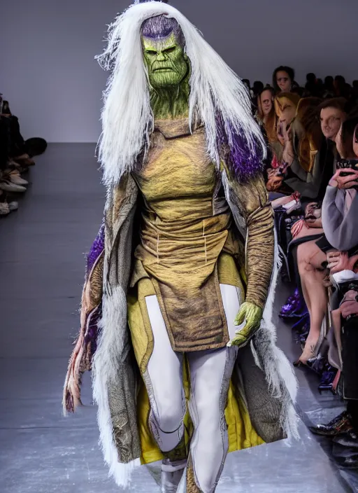 Prompt: hyperrealistic and heavy detailed off white avant garde runway show of thanos ( marvel comics ), leica sl 2 5 0 mm, vivid color, high quality, high textured, real life