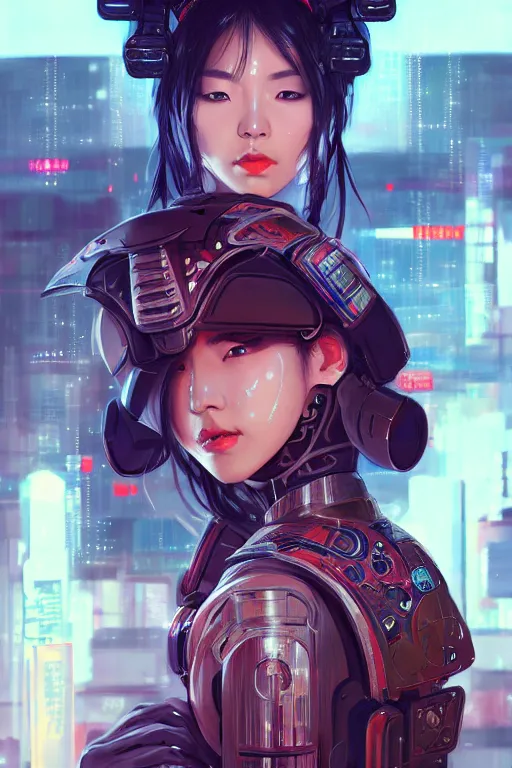 Image similar to portrait futuristic Samurai Girl, in future cyberpunk tokyo rooftop , ssci-fi, fantasy, intricate, very very beautiful, elegant, human anatomy, neon light, highly detailed, digital painting, artstation, concept art, smooth, sharp focus, illustration, art by tian zi and WLOP and alphonse mucha