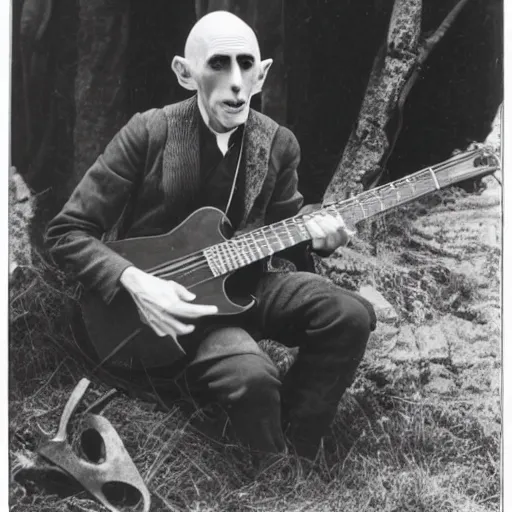 Prompt: vintage photograph of count orlok crouched outside his castle, playing the blues on guitar, 4 k