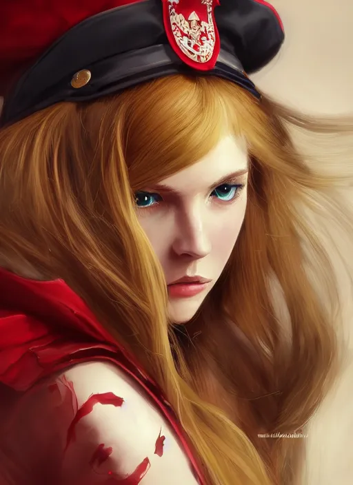 Image similar to a highly detailed illustration of beautiful long dirty blonde haired pale girl wearing red epaulette uniform, wearing beret, red eyes, dramatic seductive pose, intricate, elegant, highly detailed, centered, digital painting, artstation, concept art, smooth, sharp focus, league of legends concept art, WLOP