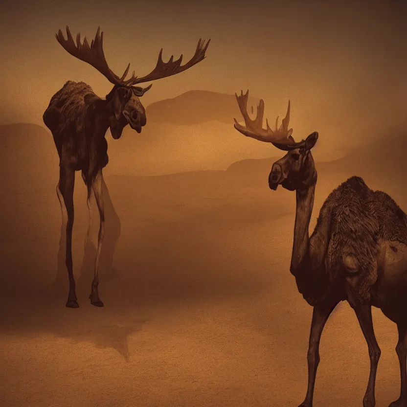 Prompt: an otherworldly camel moose, walking in an extraterrestrial desert. pulp sci - fi art. soft lighting. muted colors. dark background