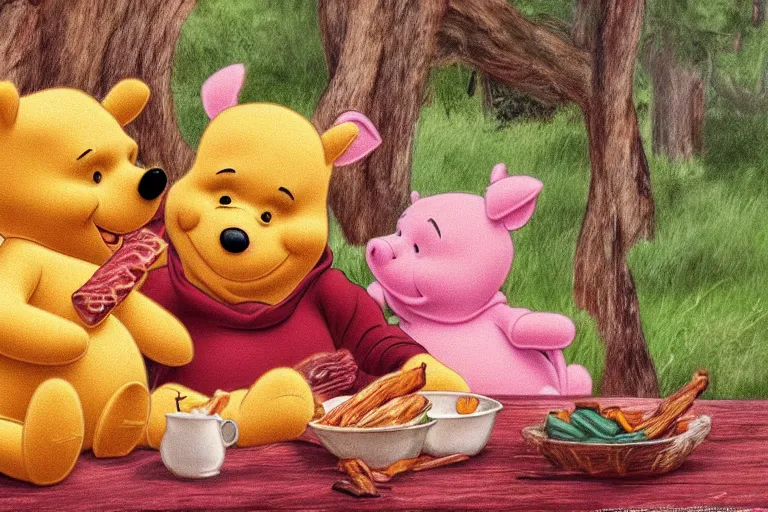 Prompt: winnie the pooh and piglet eating spare ribs, digital art, high detail, hyper realistic,