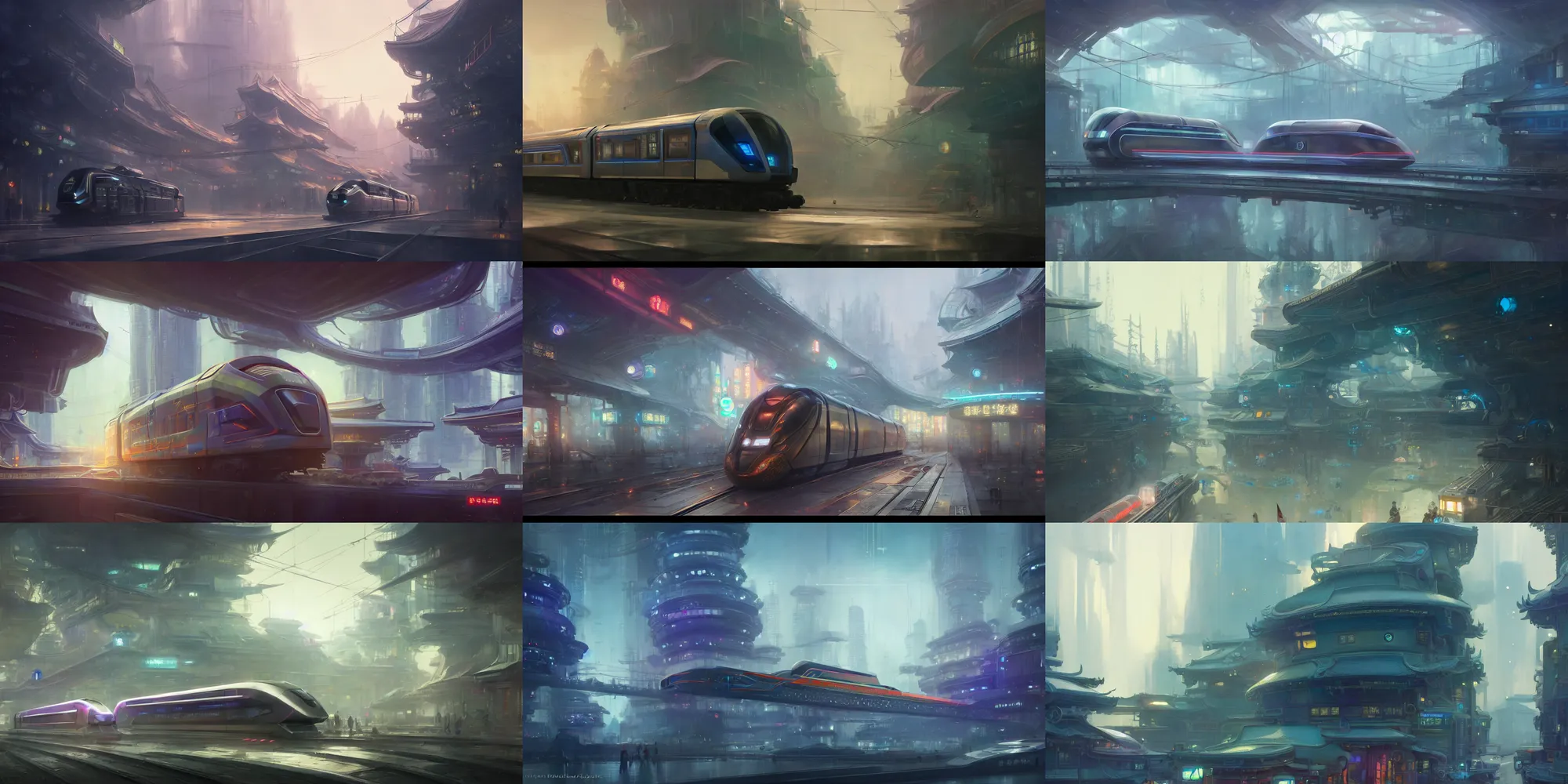 Prompt: a futuristic train goes across futuristic shanghai, 亭 台 楼 阁, extremely detailed digital painting, in the style of fenghua zhong and ruan jia and jeremy lipking and peter mohrbacher, mystical colors, rim light, beautiful lighting, 8 k, stunning scene, raytracing, octane, trending on artstation, unreal engine 5