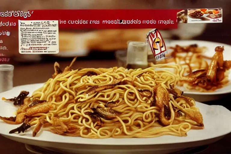 Image similar to mcdonald's fried slugs and crickets served with noodles meal, in 1 9 9 5, y 2 k cybercore, advertisement photo