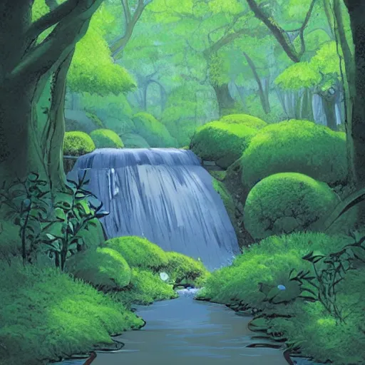 Prompt: a stream running through a lush forest, ghibli