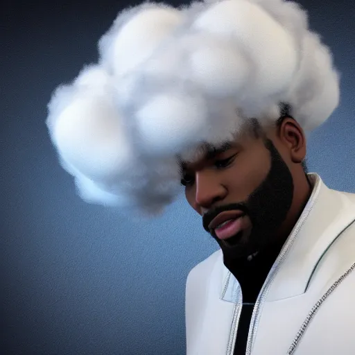 Image similar to beautiful 3D rendered fictional black man character made of fluffy clouds, wearing white suit, realistic, 8k, 4k, unreal engine, by Antoni Tudisco, artstation