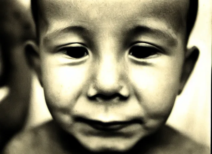 Prompt: high _ resolution _ black _ and _ white _ portrait _ with _ a _ 3 5 mm _ f _ 5. 0 _ lens _ of _ a _ single _ child _ single _ head _ from _ soviet _ russia with eyes closed with a sorrowf