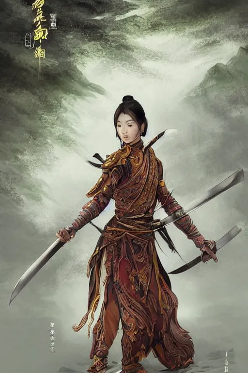 Prompt: ultrafine illustration by chen uen / ma wing shing / ikegami ryoichi, detailed chinese sword warrior, highly detailed, glowing magic around her, divine proportion, cinematic light, ancient chinese bamboo forest, heroine action pose, artstation, pinterest