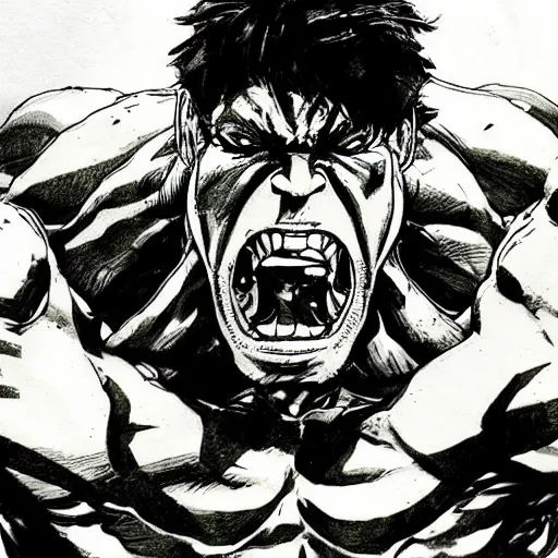 Image similar to Yoji Shinkawa drawing of The Hulk eating a bike