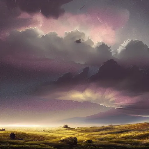 Image similar to A rolling hill landscape dissolving a luminous dark sky, Paul Carrick Illustration​, trending on art station, maximalist, hyper detailed