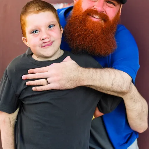 Prompt: a very tall ginger bearded father hugging his young latino son